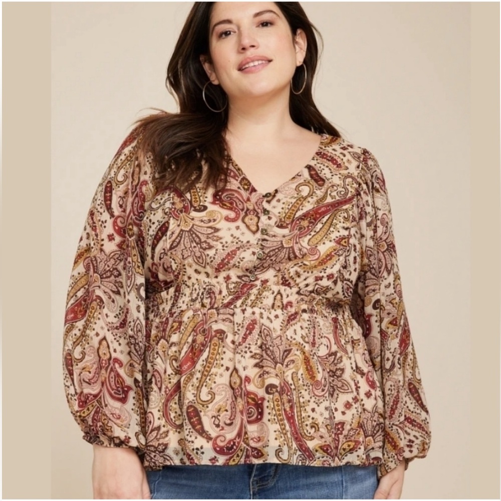 Boho Paisley Blouse | Long Sleeve Elastic Waist Top | Size XXL